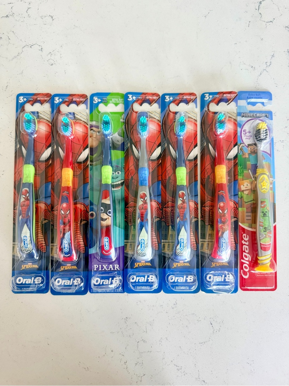 Kids Spider-Man and Pixar Character Toothbrush Set - Blue, Red, Green
